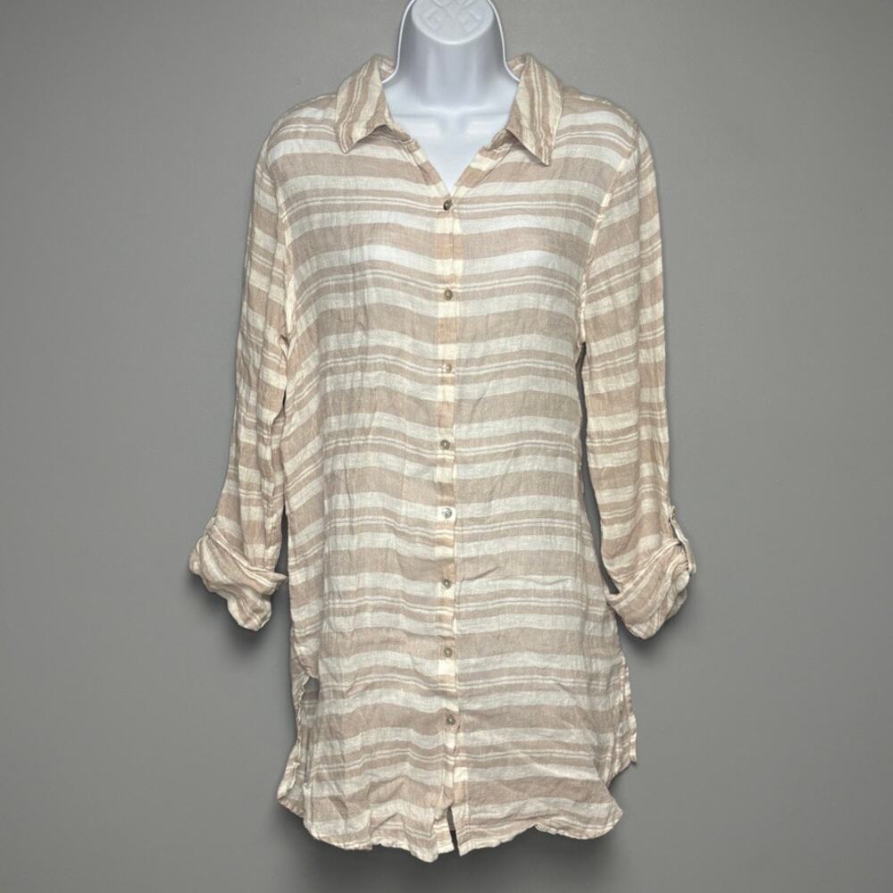 Cynthia Rowley 100% Linen Minimalist Nautical Striped‎ Neutral Tunic Womens L